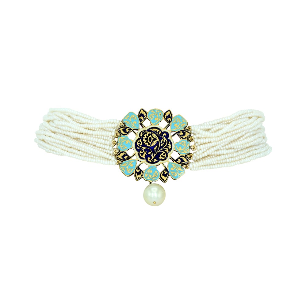 Multi-Strand Pearl Choker Set with Navaratna Motif and Drops
